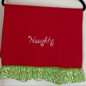 Set of 2 Pier1 Waffle Knit Towels Embroidered Naughty Nice Santa Holiday Cheer